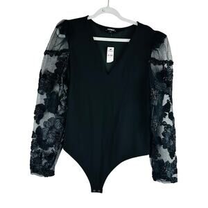 New Express Womans Sz XL Body Suit One Piece Floral Lace Sleeve Black NWT